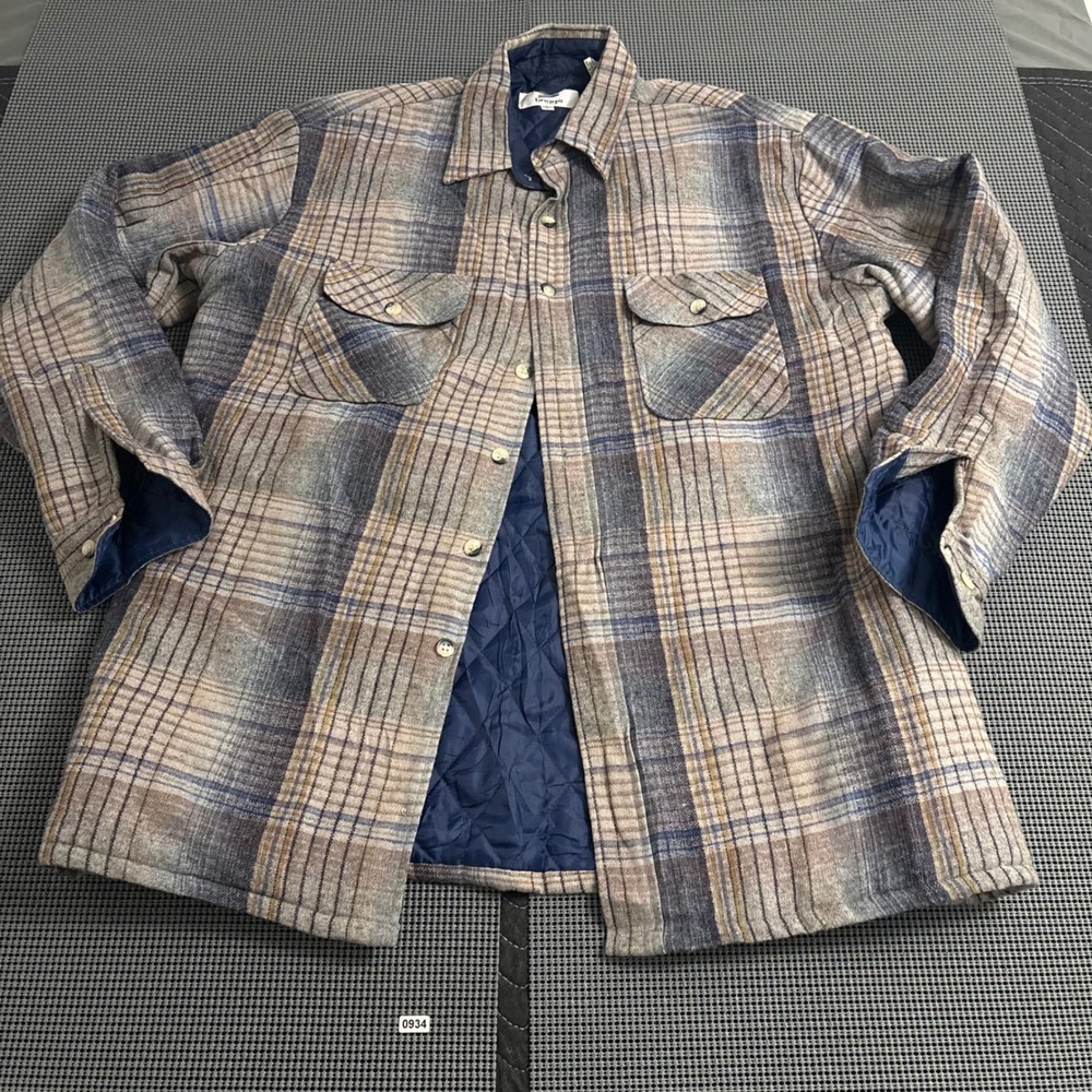 Briggs Mens Plaid Quilted Flannel Shirt Jacket Blue Tan Large Workwear Shacket